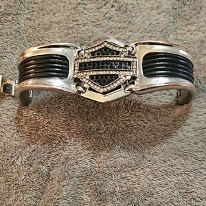 Vintage Harley Davidson Studded  Black and Silver Leather Cuff Bracelet -